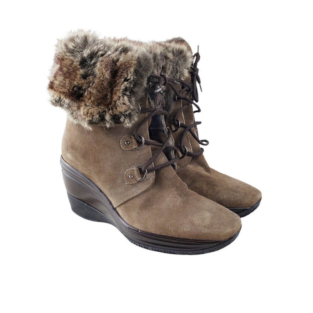 Aquatalia womens 11 brass brown suede wedge fold down faux fur boots